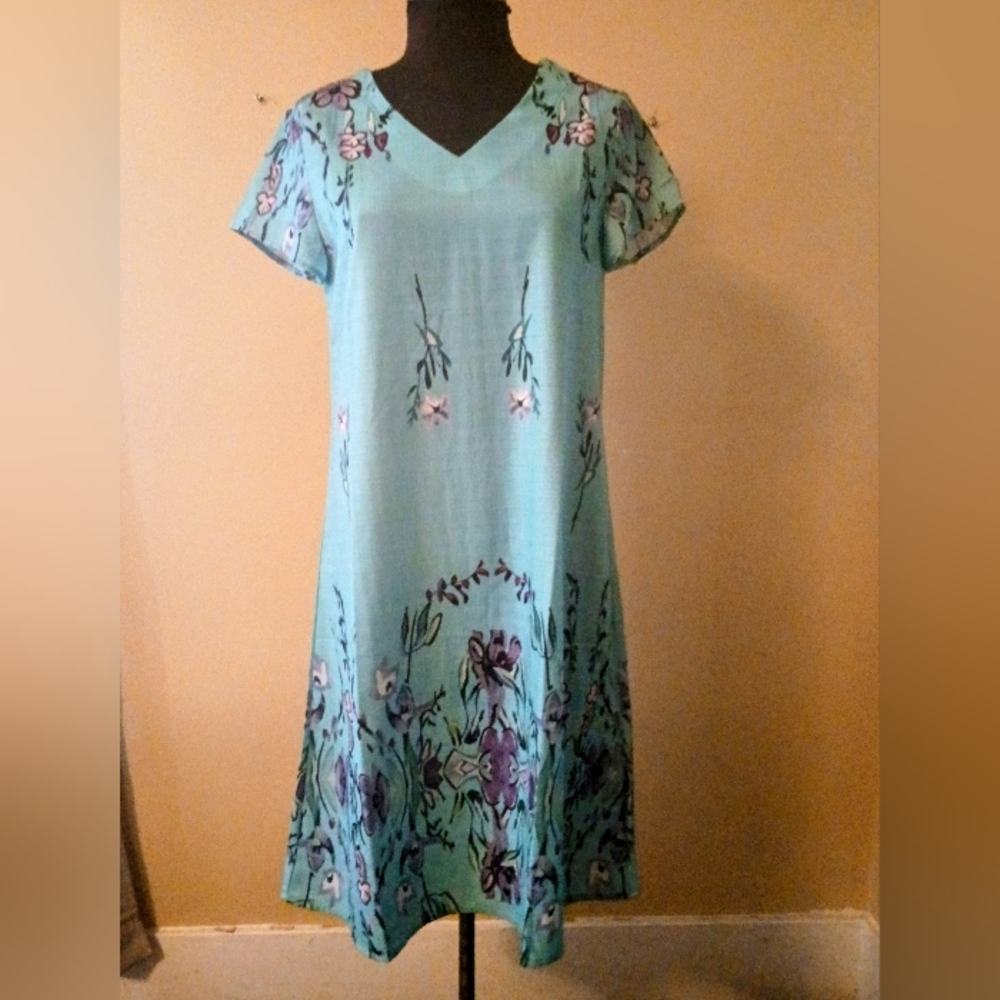 Floral V-Neck Aqua Maxi Dress with Short Sleeves